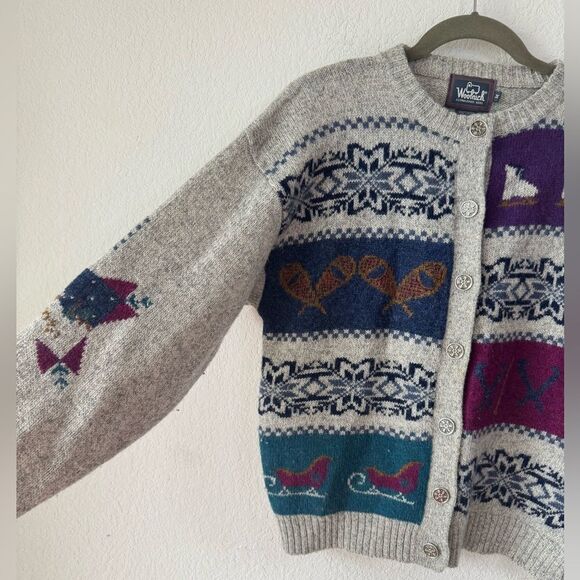 Vtg Woolrich Gray Heather 100% Wool Cardigan Winter Theme Women’s Sz M Grandma - Picture 3 of 6